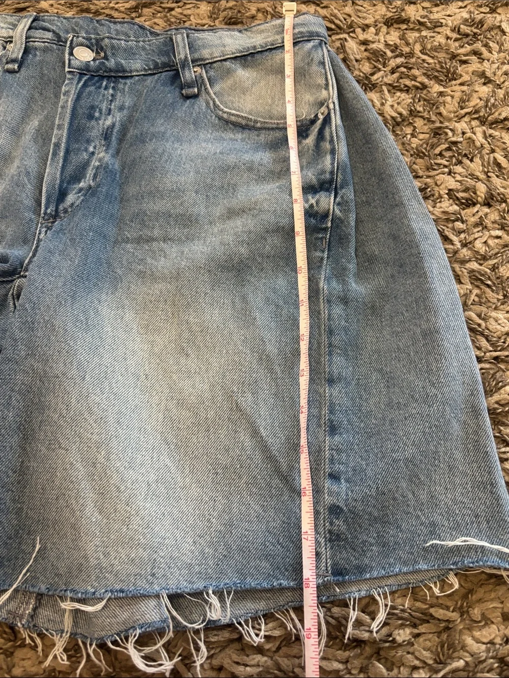 We The Free Boomerang High Rise Long Short Light Wash Frayed Denim Cutoff Shorts